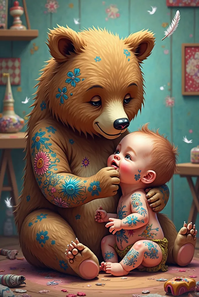 Bear tattooing a tattooed baby, art cartoon style  