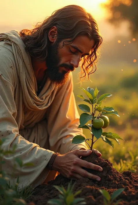 A cinematic, ultra-HD digital painting of Jesus Christ kneeling on the fertile earth, planting a small apple tree bearing fresh green fruits—a symbol of faith and growth. His face is deeply focused, reflecting humility and dedication to labor. Beads of swe...