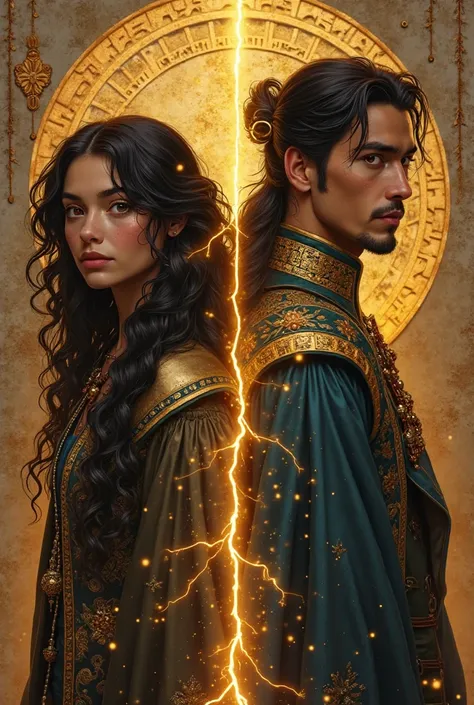 fantasy book cover of a ager girl (american tall, dark glowing skin, long black curly har with golden highlights, likght brown eyes almost golden, wearing a coat) standing back to back with an adult man(chineese looking, dark hair, slick, no beard, wearing...