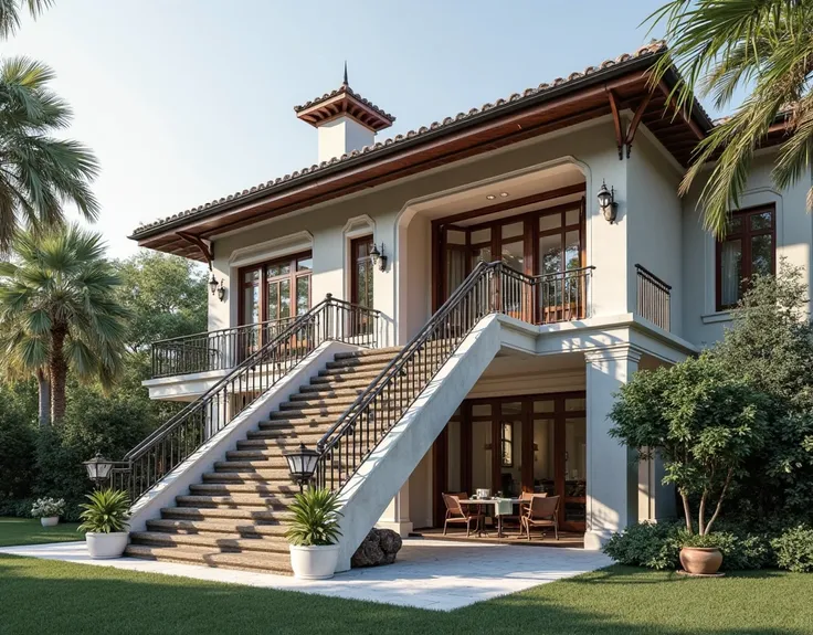 Please generate a renderings of installing two outdoor stairs on both sides of the，Renderings of installing two outdoor stairs on both sides of the second-floor balcony railing in this villa。