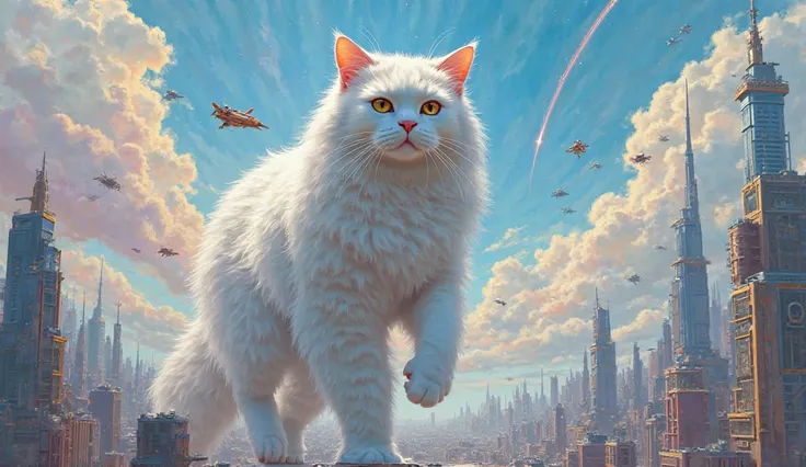 A massive white cat (Kira) towering over a futuristic city, playfully batting at skyscrapers like they’re tiny toys. The sky is bright and colorful, and tiny flying cars zoom around her.