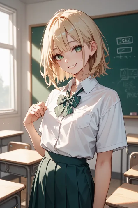 anime style、1 girl,Height 130cm,Petite, small tits,standard、Fair skin、smile、white background、masterpiece、Highest quality、
 Light Blonde、 white mesh、half up、medium hair、green eye、Droopy eyes、classroom、standing