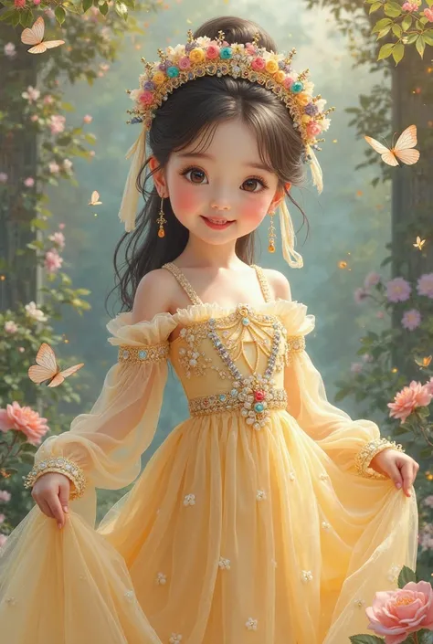 Ultra-realistic glossy oil painting. Based on the classical meticulous painting style, Yu Shuxing, a girl in ancient clothing, with a heart-shaped face, full of collagen, and bright eyes. Wearing a princess dress in a pale yellow dress, the skirt is decora...