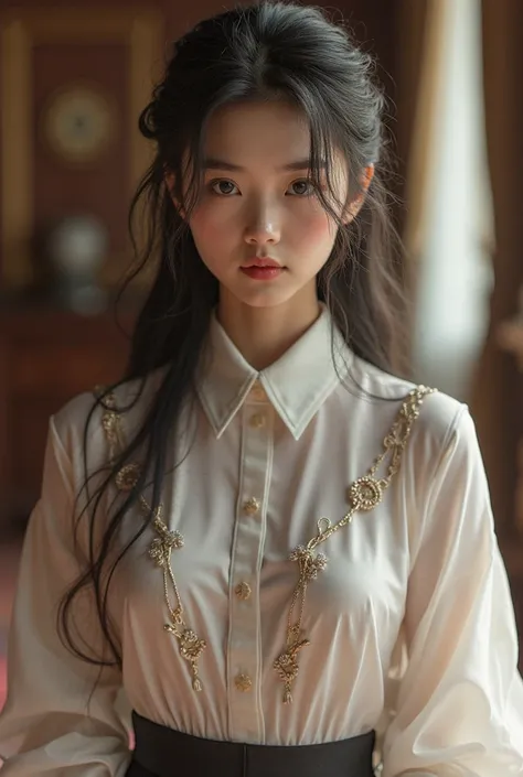 girl, mix asian, full body, formal shirt, long hair, 