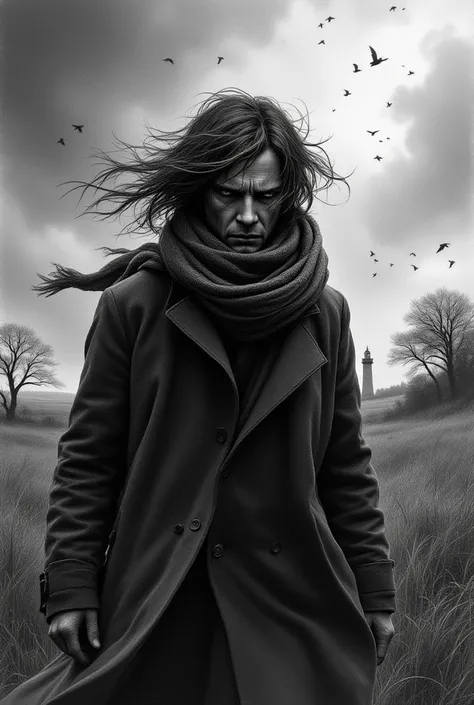 {{A ((melancholic and expressive)) depiction of {a lone figure walking against a strong wind, their coat and scarf fluttering wildly}}} with {((dark storm clouds looming overhead, trees bending under the wind’s force, and a flock of birds struggling to fly...