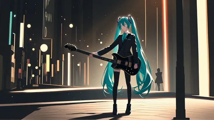 Hatsune Miku is 1、is playing guitar、 street concert、 black and white images、 full body shown、front、From a distance、 black and white 、It's playing quietly、white background、standing still