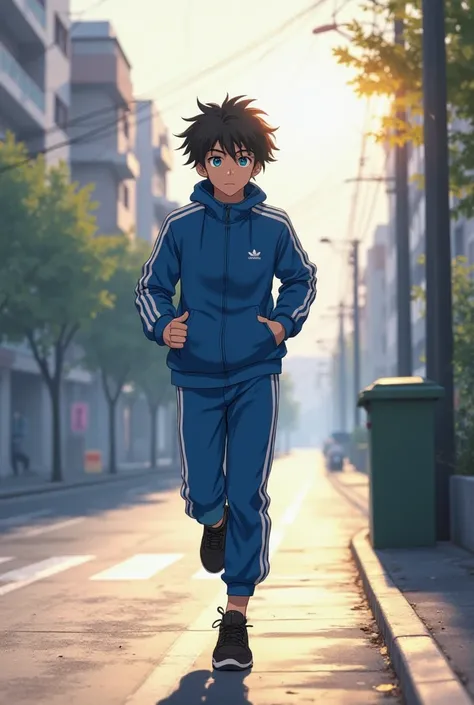 Anime Style, Wide Shot (Morning Street Scene):

The early morning light casts a soft glow over the quiet urban street. Takahashi Akira, a 16-year-old boy with messy black hair and sharp blue eyes, is jogging along the sidewalk. He wears a blue Adidas track...