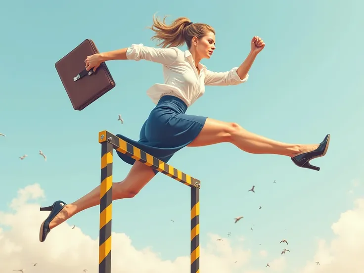 Realistic Style V2 🎨| Detailed, High-Quality Panels | Digital Art. 
A beautiful blonde Russian & American businesswoman in mid-air, leaping over a hurdle. The woman has dark-blonde hair, and she is dressed in professional attire, including a white silk blo...