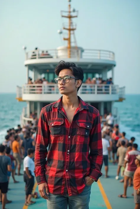 realistic photo, a handsome young man with Indonesian glasses, wearing a red and black checkered shirt, long jeans , takes a selfie in front of a silver Toyota Hiace Premio minibus, on the back of the ocean liner with the passengers of the boat and looks a...