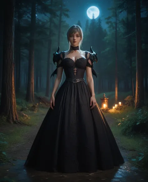 Aranea Highwind in a black dress, beautiful dress, in the forest, art fantasy at night, medieval dress, dark tones of the night, night time atmosphere, focus on the night, gloomy forest , Scary forest