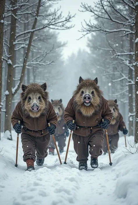 Four strong, muscular boars in human form are Nordic walking in the forest. Snow is falling