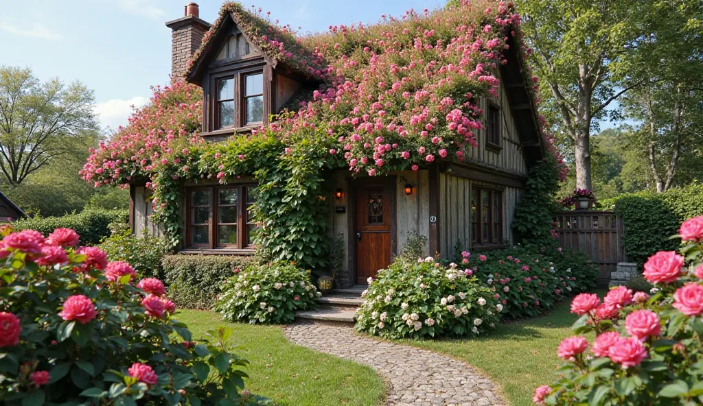 A charming, rustic cottage covered with blooming flowers, featuring a sloped roof and multiple windows. The house is surrounded by lush greenery and vibrant pink blooms in the foreground, creating a cozy and inviting atmosphere.