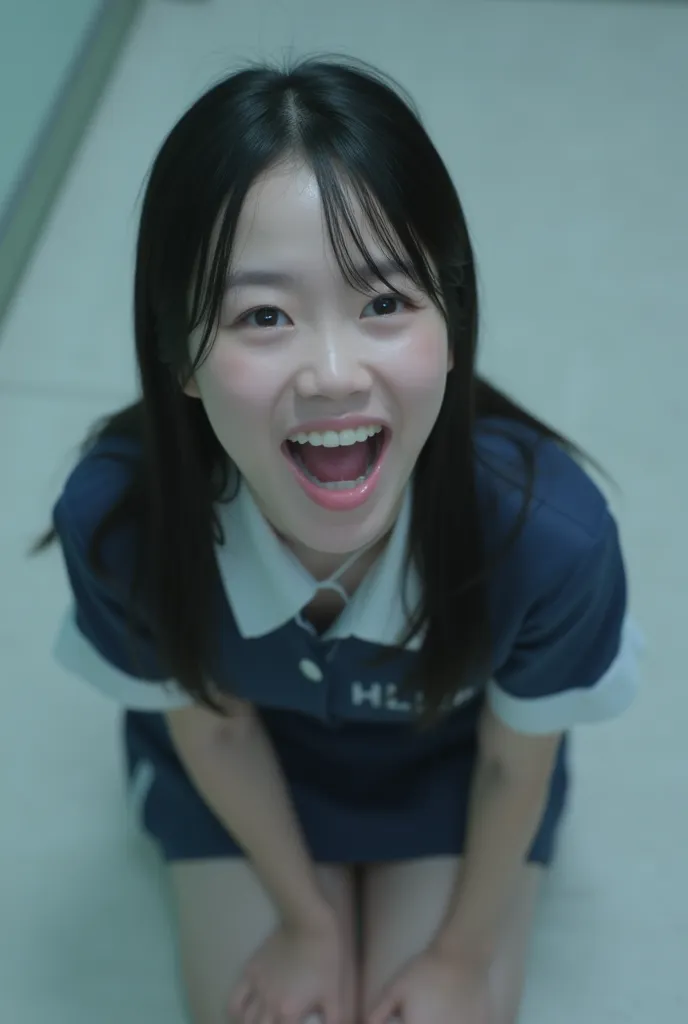  Female Japanese、１０age,  I'm laughing with my mouth open so wide ,  mouth filled with cloudy water ,  open eyes ,  long hair, wearing a Japanese high school uniform, valley、 white skin、 extreme skin details ,  super real, 8k,  wallpaper, kneeling on the fl...