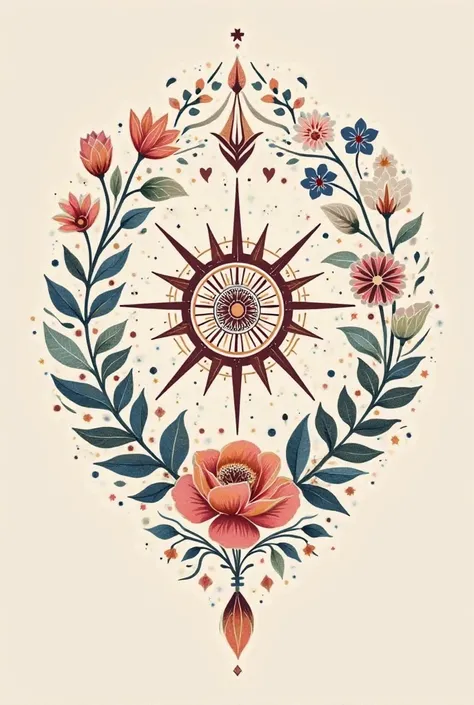 

**Description:**

A tattoo design featuring a Kolovrat (Slavic sun wheel) in an ethnic style, surrounded by stylized flowers, creating a feminine and harmonious composition.

**Elements:**

* **Kolovrat:**
    * The central element of the design is the K...