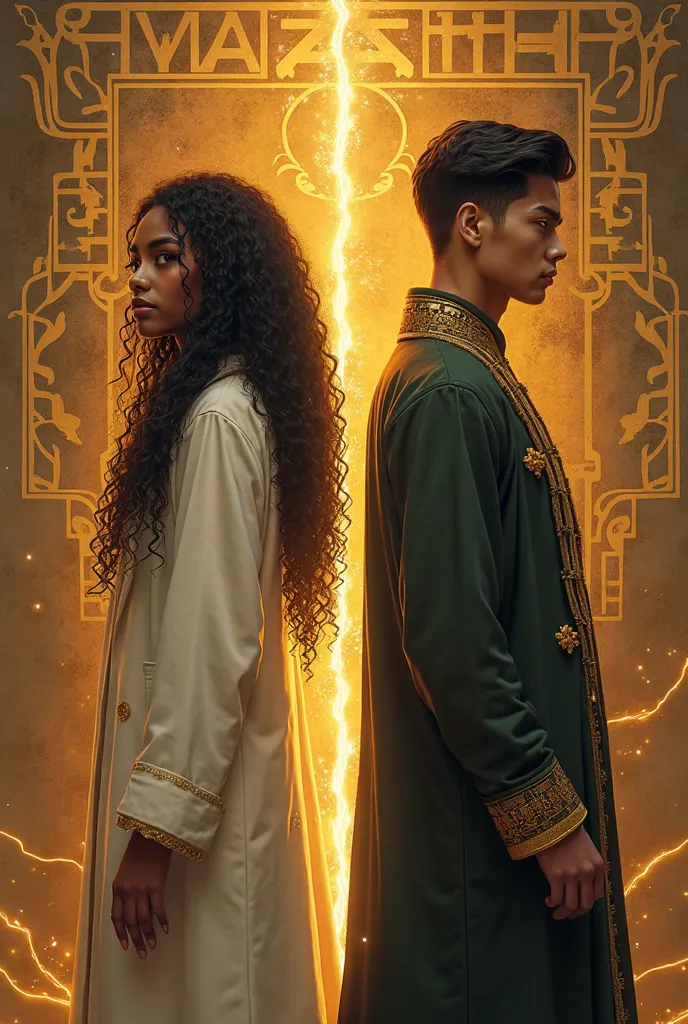 fantasy book cover of a   girl (american tall, dark glowing skin, long black curly har with golden stibs , likght brown eyes almost golden, wearing a lab coat) standing back to back with an adult man(chineese looking, dark hair slick and short,no beard, we...