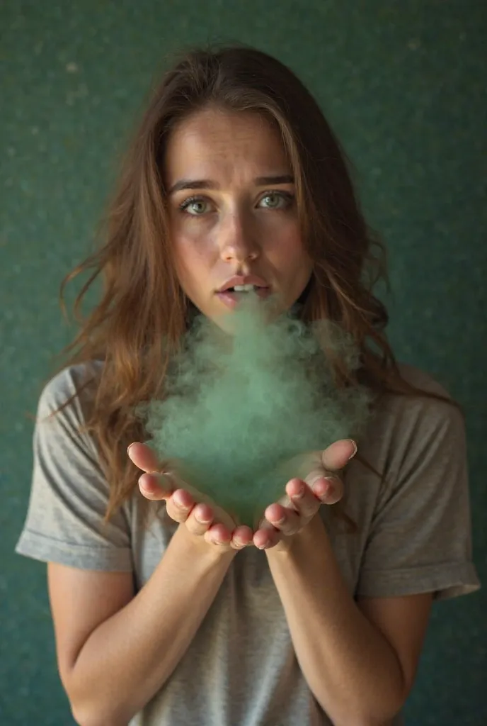 Pretty young woman beautiful brown hair realistic person has unpleasant bad breath with an expression of shame ,A little bit of green smoke comes out of his mouth,she is looking straight ahead and raises her hands in front under her neck ,The image shows h...