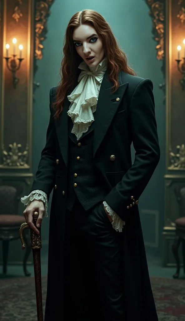 An aristocratic yet terrifying vampire, with long, wavy chestnut hair cascading over his shoulders. His smooth, deathly pale skin barely hides the dark veins beneath, and his cold green eyes gleam with amusement and malice. Wearing an opulent Victorian sui...