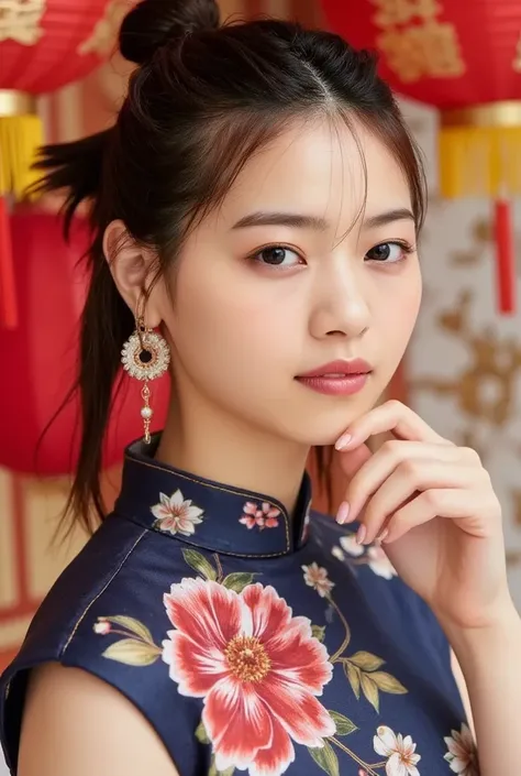 8k, masterpiece, highest quality, nanase, perfect body, traditional Chinese qipao dress, navy blue with vibrant floral pattern, red and gold flowers, short sleeves, high collar, intricate hairstyle with ornate hair accessories, dangling red earrings, red l...