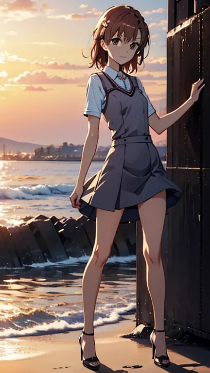 sunset、　coastal、　light blue mini dress、The Wind Is Blowing、 my skirt is rolled up、 happy expression、 black stilettos 、 Misaka Mikoto、HD、4K