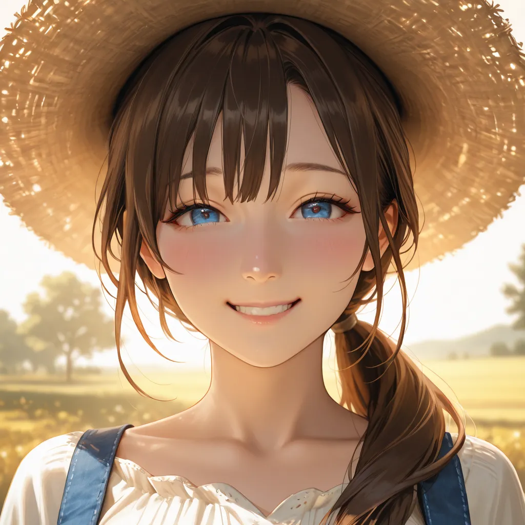 happy. solo, 1 mature woman. curvy. ((blue eyes)), dark brown long hair. ponytail, smiling, wearing a farmer overall an hat. aroused. back to the viewer. angle from below.