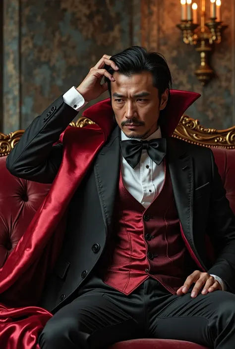 'handsome Chinese gentleman, 40 years old, with black hair, larger muscles, dressed as a vampire king, wearing a shiny satin suit with a black bow, red waistcoat, and satin Dracula's cape, in a gothic castle, depicting a very hot and seductive, authoritati...