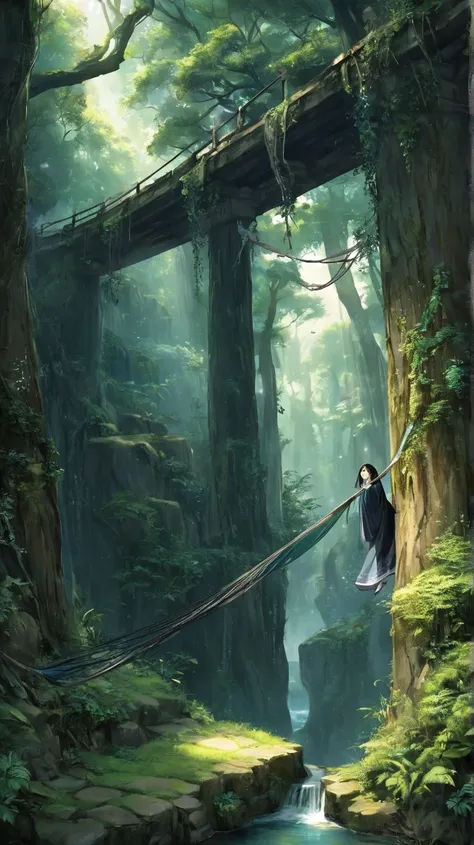 "A mysterious and eerie Japanese yokai named Hazama-no-Ito, the thread of the in-between. It appears as an endless strand of silk, stretching across doorways, bridges, or forest paths, seemingly suspended in midair. Those who step through it may find thems...