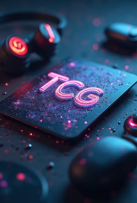 Use a 3D card design with "TCG" written on it in a bold font. It could have a futuristic or holographic effect, giving it an immersive gaming feel, with the gaming controller or headset in the background or around the card.
