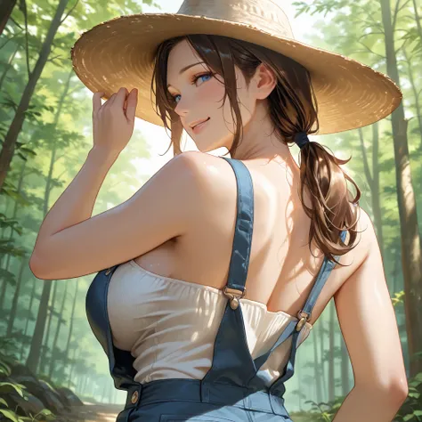 happy.1mature woman. curvy. ((blue eyes)), dark brown long hair. ponytail, smiling, wearing a farmer overall an hat. aroused. back to the viewer. angle from below.