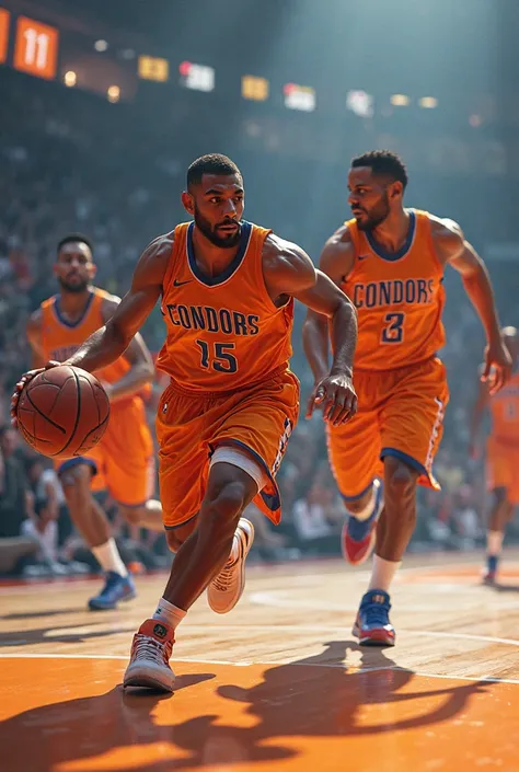 Joueurs de basketball l'équipe s'appelle les condors et le maillot est orange 