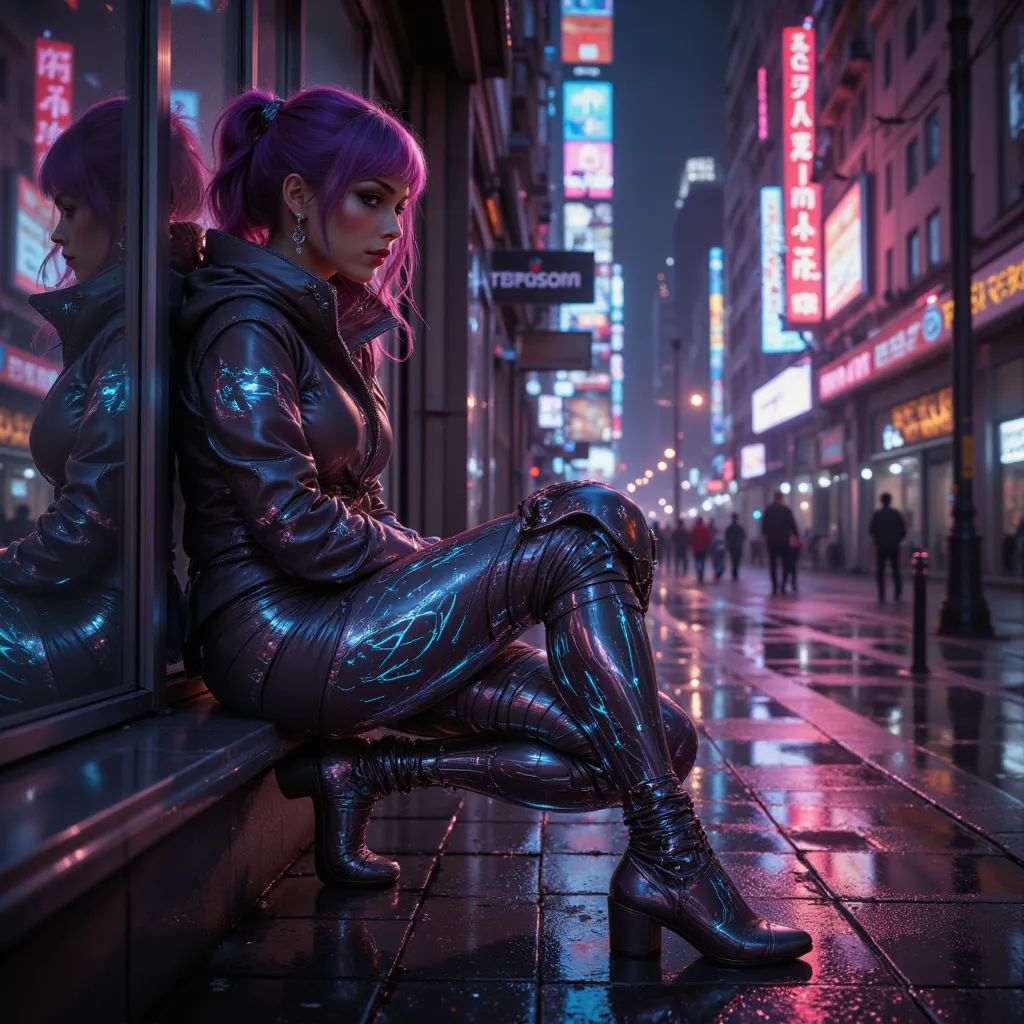 A futuristic cyberpunk setting, illustrated in a vibrant and dynamic style. A woman with striking purple hair leans casually against the side of a sleek, neon-lit building. She wears a high-collared puff jacket with metallic accents, blending futuristic fa...