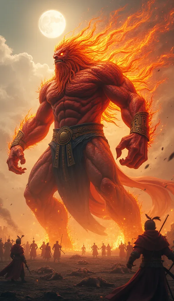 China Hulk: A ferocious titan with obsidian red skin infused with streaks of fiery gold running through his veins. His long, flaming golden mane whips through the air like a dragon’s tail. His molten gaze radiates dominance as he stands above a battlefield...