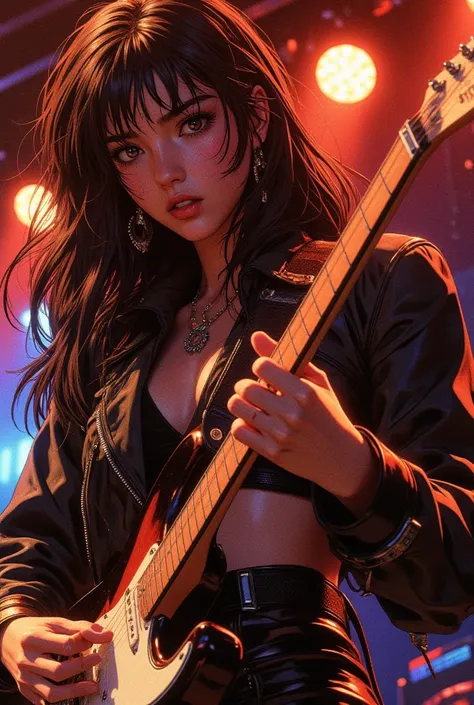  girl, seventeen years old, Asian, with long black hair and brown eyes, wearing daring clothes with an electric guitar, performs on stage