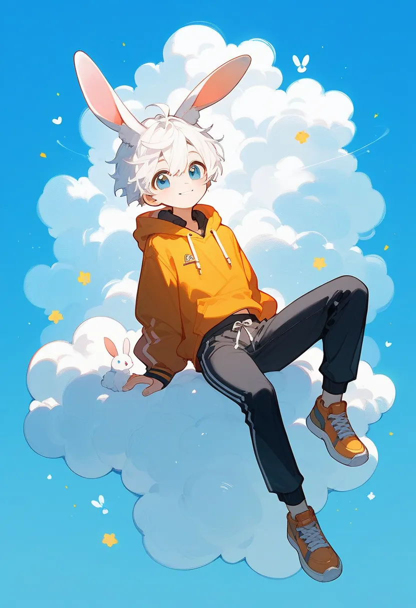 ผู้ชายcute,Half man, half rabbit, cloud,cute ,Full body ,smile,Thai School Pants Set, with bunny ears, white hair,