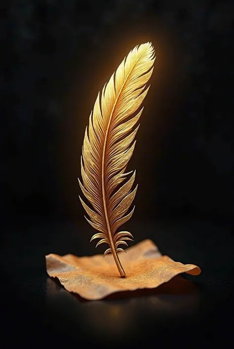 Create a feather logo with gold parchment on a black background, with the BMG theme in gold color