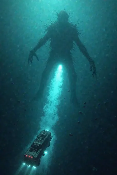 The submersible speeds upward through the water, its engines at full power. Behind it, the monstrous silhouette looms, barely visible in the deep. The bioluminescent creatures flicker one last desperate message: “FLEE.” Above, the research vessel waits on ...