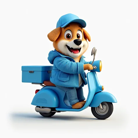 Positive dog in blue human clothing sitting on a blue delivery moped, blue delivery box behind him, white background, full frame