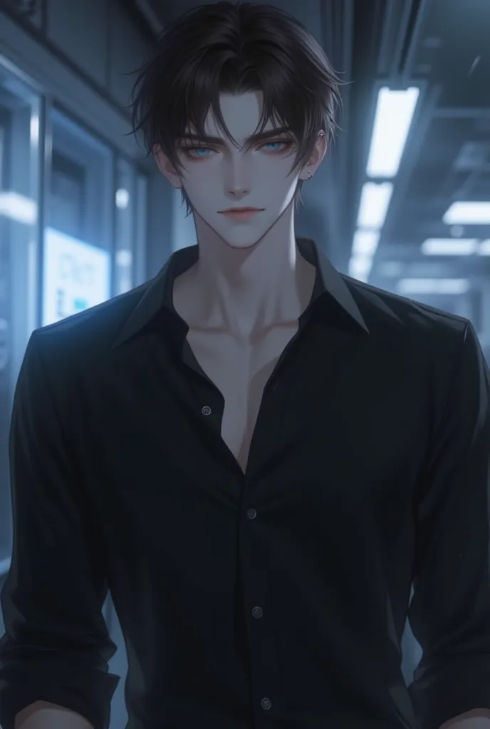 male, age 27, Pale skin, semi Pseudo-realistic style, semi realistic, a handsome man with dark brown hair and dark blue eyes, tall, muscular, wearing black shirt, office, anime semi-realism, 4k uhd, professional art, Muted Palette, Golden Ratio Composition...