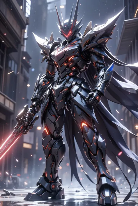 Ultra-detailed mecha "JieXian Ji MaoSun", Accumulated Slash Stance, Matte Black Mecha Blood Red Energy Pattern Pulse+Joint White Warning Light, The eye sensor dissolves into a blood pupil,Hold a high-frequency vibrating phase ship slasher(Blue Energy Blade...