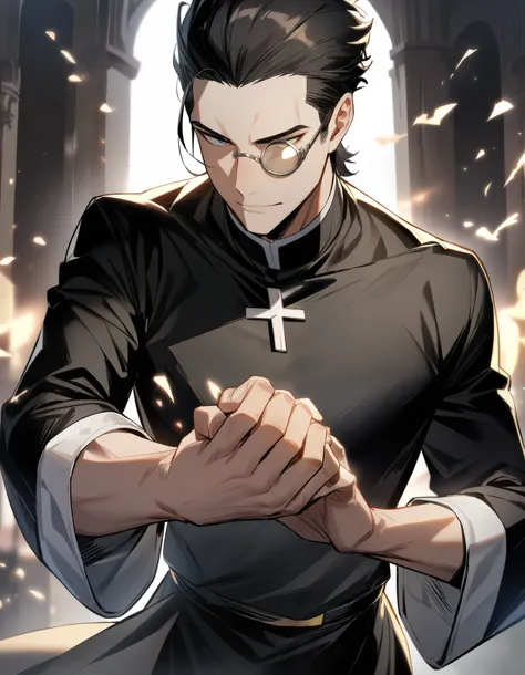 1boy, male focus, priest, holding book, casting spell, short black hair, slicked back hair, middle aged man, thick monocle goggle, holding out hand, hand infront masterpiece, best quality, very aesthetic, absurdres, 