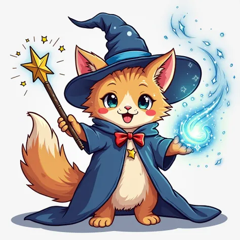 Chipkitten Wizard Casting a Spell: The Chipkitten raises its wand with confidence, a swirling vortex of sparkling energy forming in the air. Its cloak ripples from the magic’s energy. Transparent background.