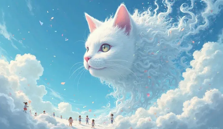 A massive floating cat head in the sky, forming clouds into different letters and numbers as tiny ren look up, excitedly pointing.