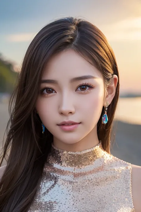 Masterpiece, 4K, Bokeh,  photorealistic,Evening beach、 Perfect dynamic composition of a beautiful and beautiful woman 、 ( Japanese Idol:1.6), Light brownの長い髪,  light brown eyes ,  plump chest ,  staring at viewers,  blushed,  close, (silver latex metallic ...