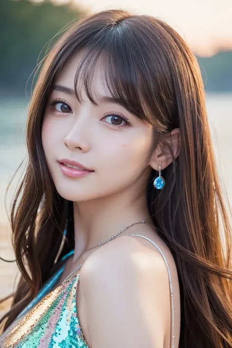 Masterpiece, 4K, Bokeh,  photorealistic,Evening beach、 Perfect dynamic composition of a beautiful and beautiful woman 、 ( Japanese Idol:1.6), Light brownの長い髪,  light brown eyes ,  plump chest ,  staring at viewers,  blushed,  close, (silver latex metallic ...