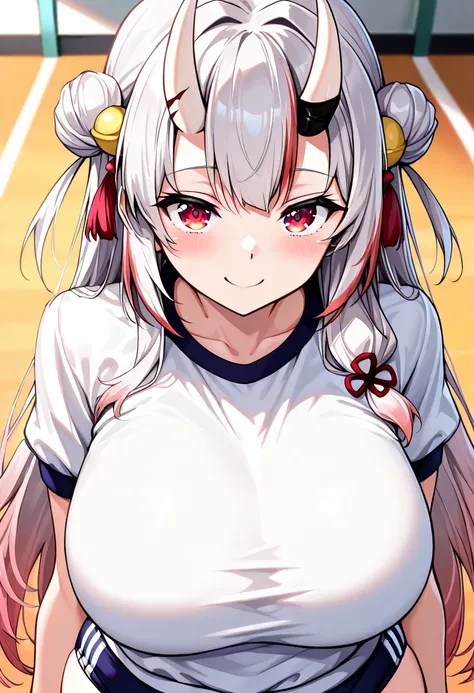 (Highest quality , 8k , masterpiece , incredibly absurdres , perfect body , super detailed skin , highly detailed eyes and face , 1 woman ) ,  nakiri ayame , Silver Hair , red eyes , demon horn , smile ,  will be happy , ( gym uniform, gym shirts, white t-...