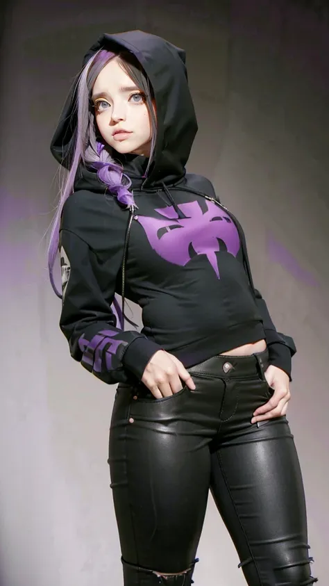 score_9, score_8_arriba, score_7_arriba,  goth girl,  goth girl 1girl, monochrome, hood up, pantalones negros,  flat color , purple hair,  black cat, gray background, shirt,  purple background, Cross,
