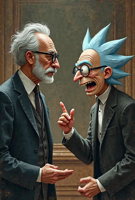 Rick debating with Freud, Freud wears a dark suit and black glasses 