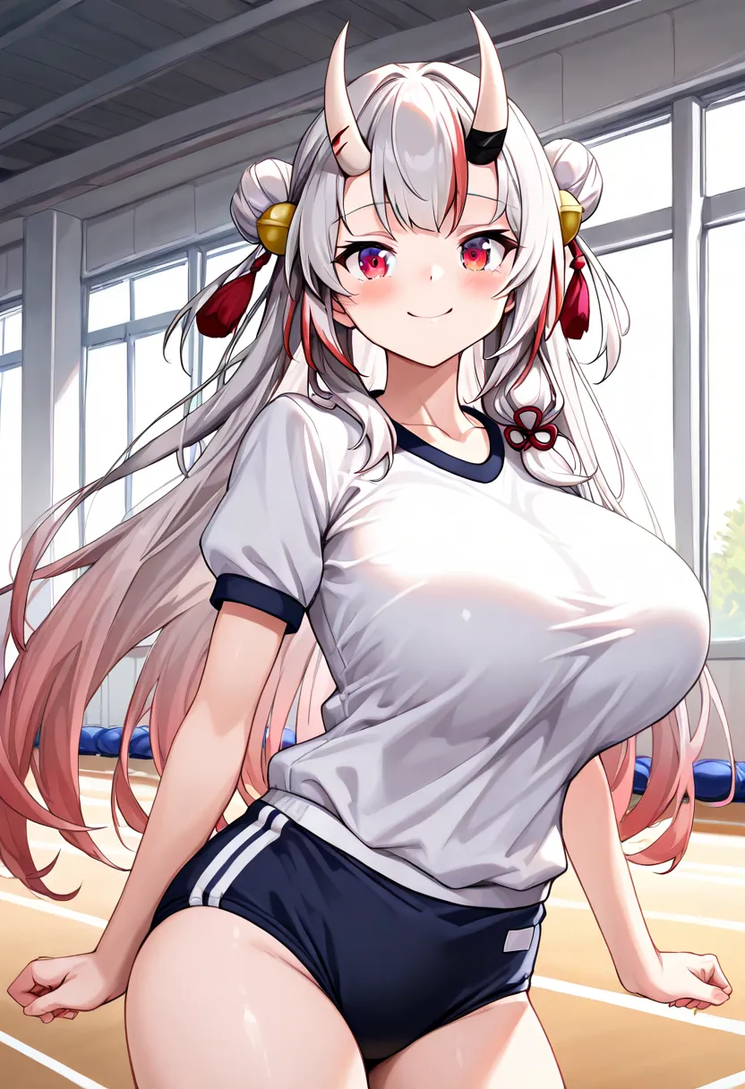 (Highest quality , 8k , masterpiece , incredibly absurdres , perfect body , super detailed skin , highly detailed eyes and face , 1 woman ) ,  nakiri ayame , Silver Hair , red eyes , demon horn , smile ,  will be happy , ( gym uniform, gym shirts, white t-...