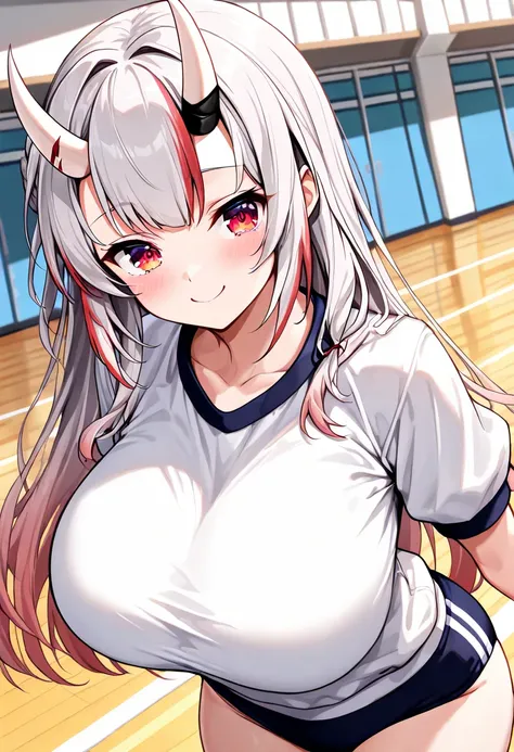 (Highest quality , 8k , masterpiece , incredibly absurdres , perfect body , super detailed skin , highly detailed eyes and face , 1 woman ) ,  nakiri ayame , Silver Hair , red eyes , demon horn , smile ,  will be happy , ( gym uniform, gym shirts, white t-...