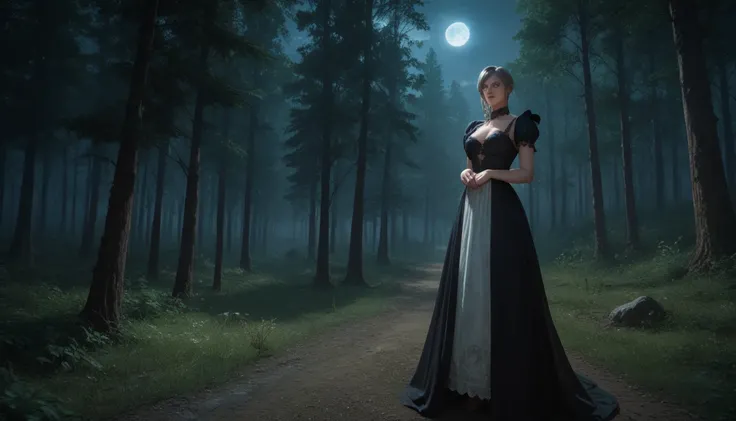 Aranea Highwind in a black dress, beautiful dress, in the forest, art fantasy at night, medieval dress, dark tones of the night, night time atmosphere, focus on the night, gloomy forest , Scary forest