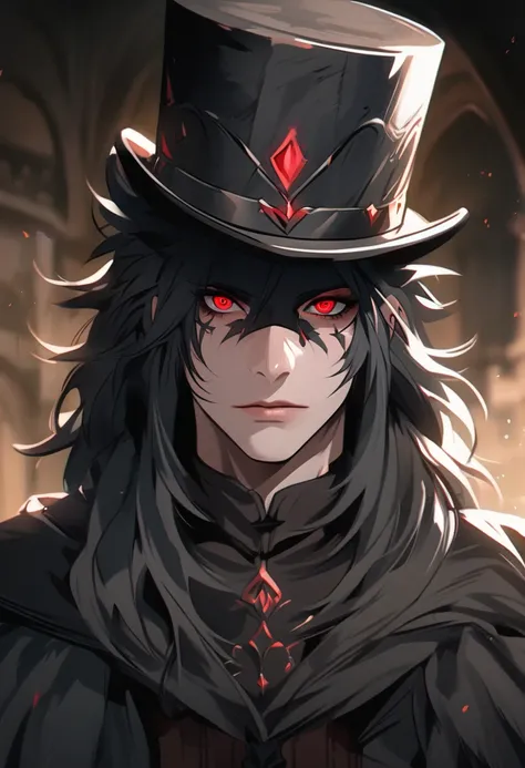 An extremely attractive boy..., with his face covered by a top hat,  animated style, 4k,  Semi-realistic,  Detailed,  extremely handsome ,  young, red eyes,  animated style,  animated,  master , chico, piercing eyes,  Seductive Eyes , malicious direction 1...